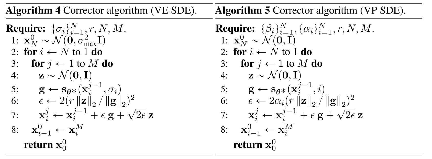 算法 4 与算法 5（SDE 原论文 Algorithms 4–5）：VE / VP SDE 的校正器算法。