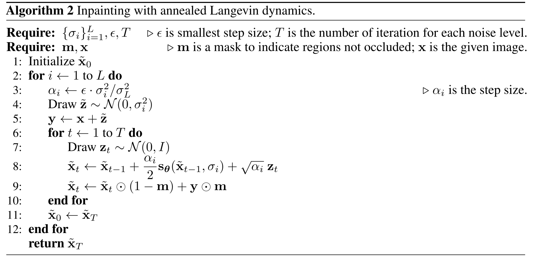 算法 2（SMLD 原论文 Algorithm 2）：用退火 Langevin 动力学进行图像修复。